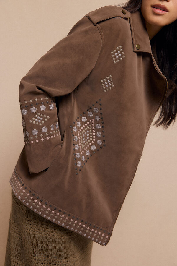 Slowlove Cazadora biker efecto piel bordada Beige