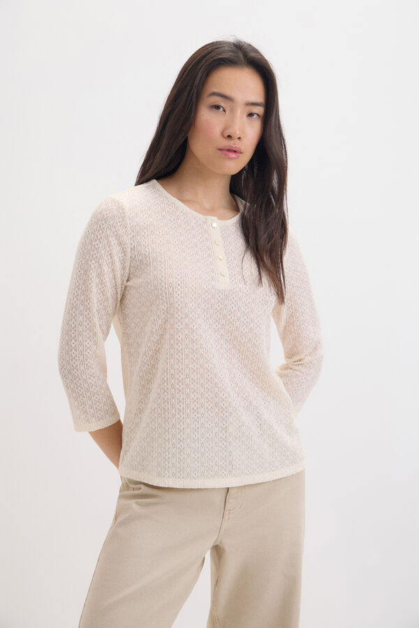 Cortefiel Textured top with buttons Ivory