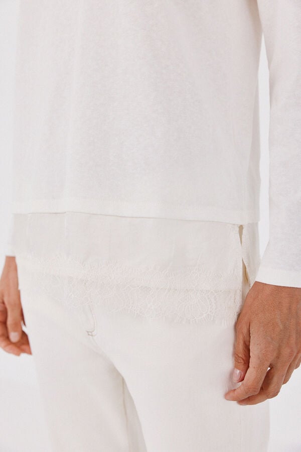 Cortefiel Plain hem T-shirt with lace detail Ivory