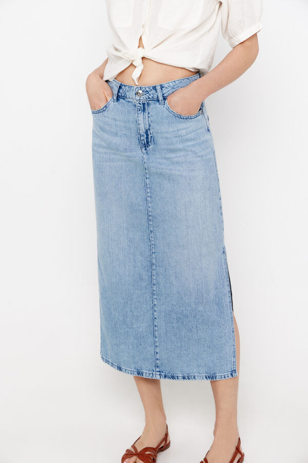 Cortefiel Long denim skirt with slit detail Blue
