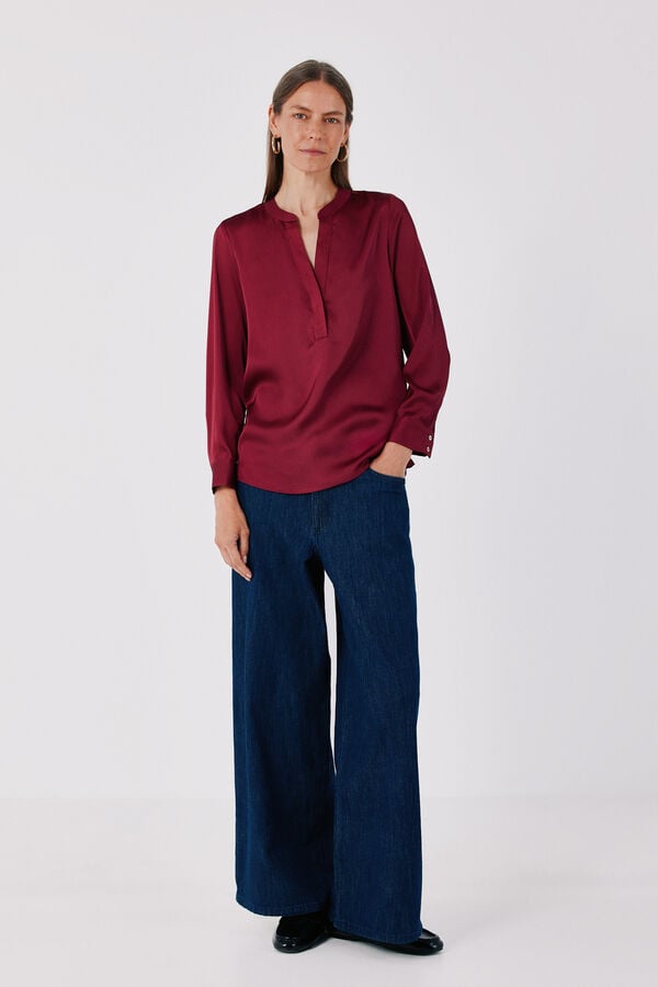 Cortefiel Satin-finish polo shirt blouse Navy