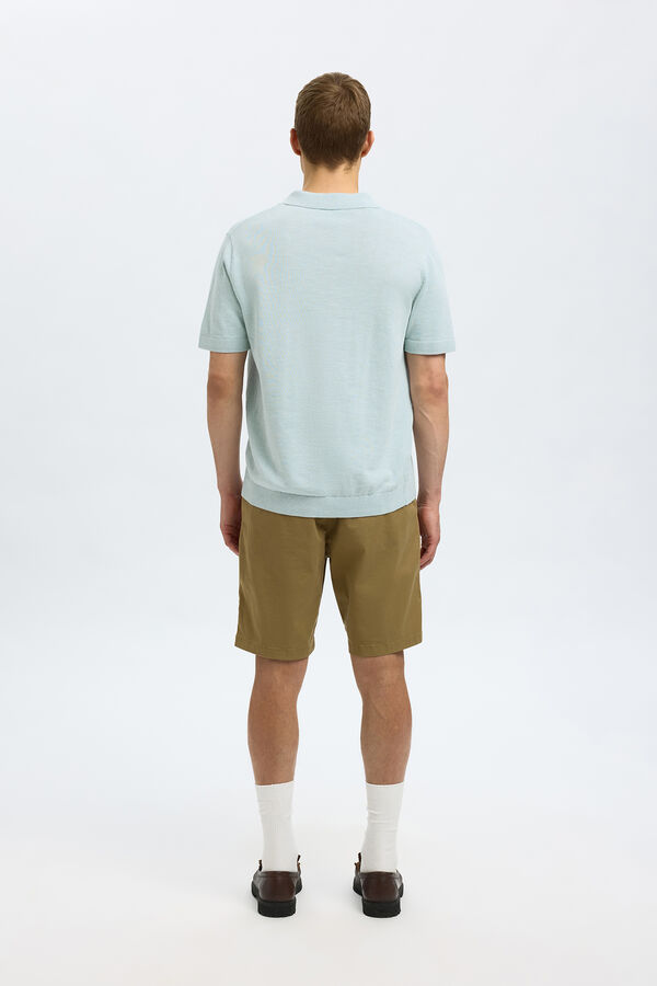 Selected short sleeve linen polo shirt Blue