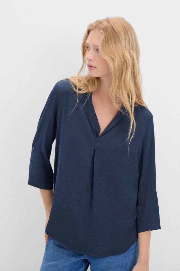 Cortefiel Satin blouse with lapel collar Navy