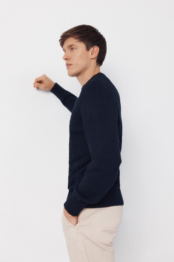 Cortefiel Cable knit round neck jersey-knit  Navy