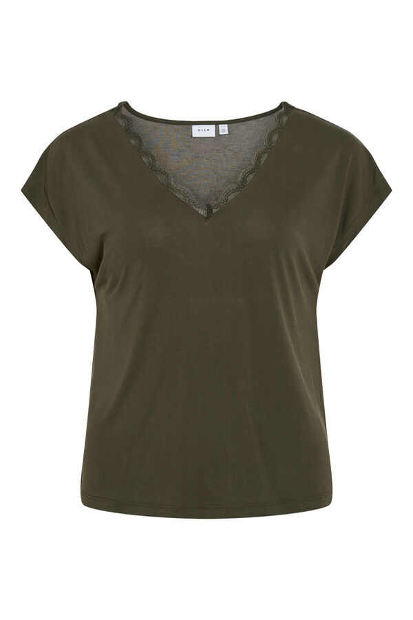 Vila T-shirt b&aacute;sica com detalhes de renda Verde