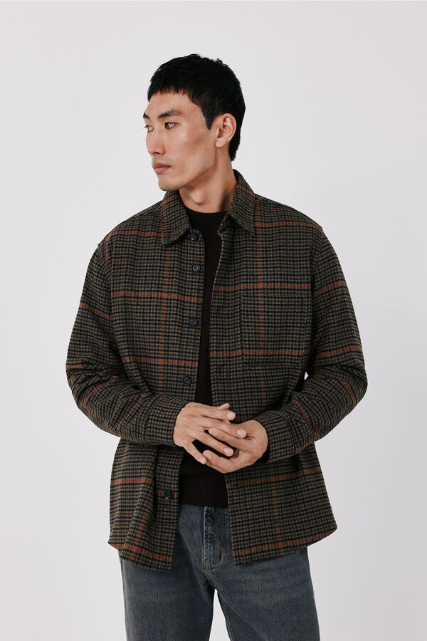 Cortefiel Wool blend plaid shirt Kaki