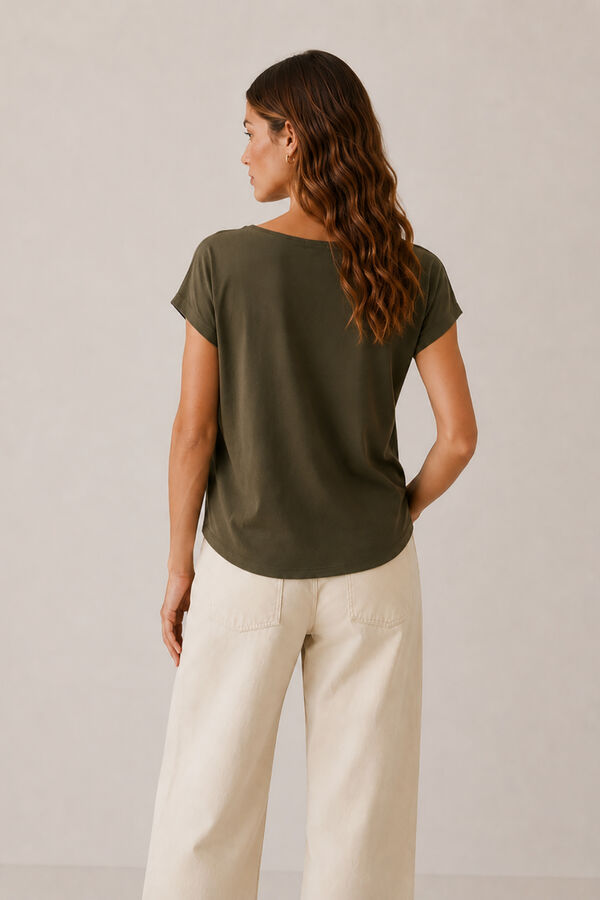 Vila T-shirt b&aacute;sica com detalhes de renda Verde