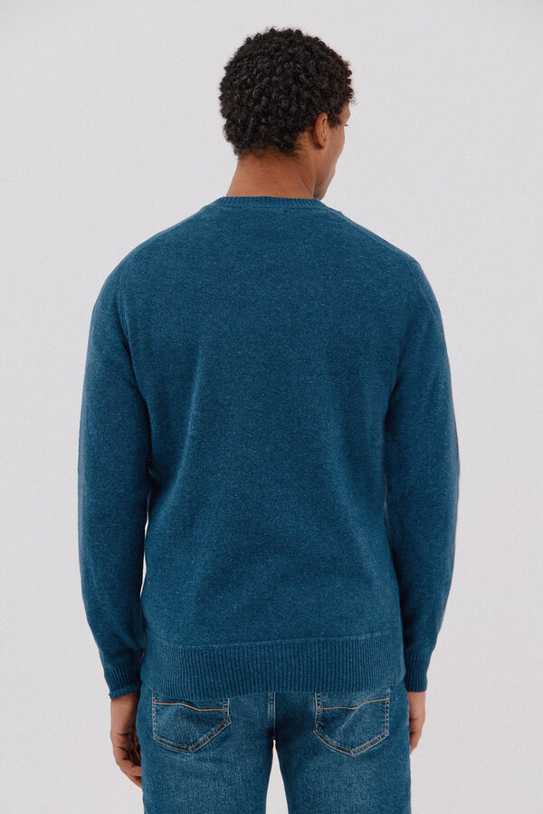 Cortefiel Lambswool round V wool sweater Blue