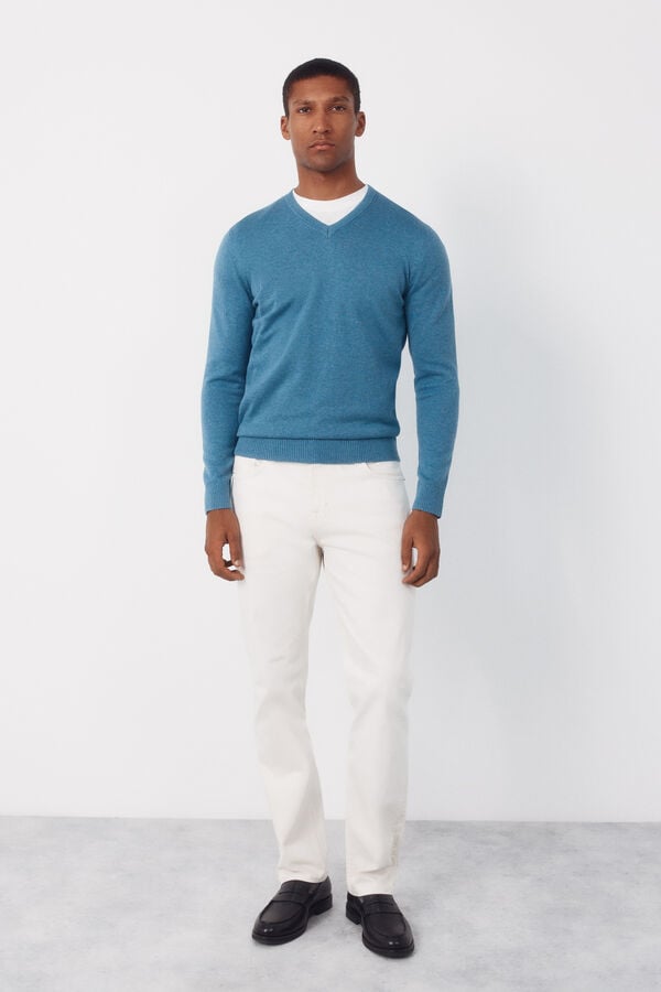 Cortefiel Basic cotton V neck knit jersey-knit Blue