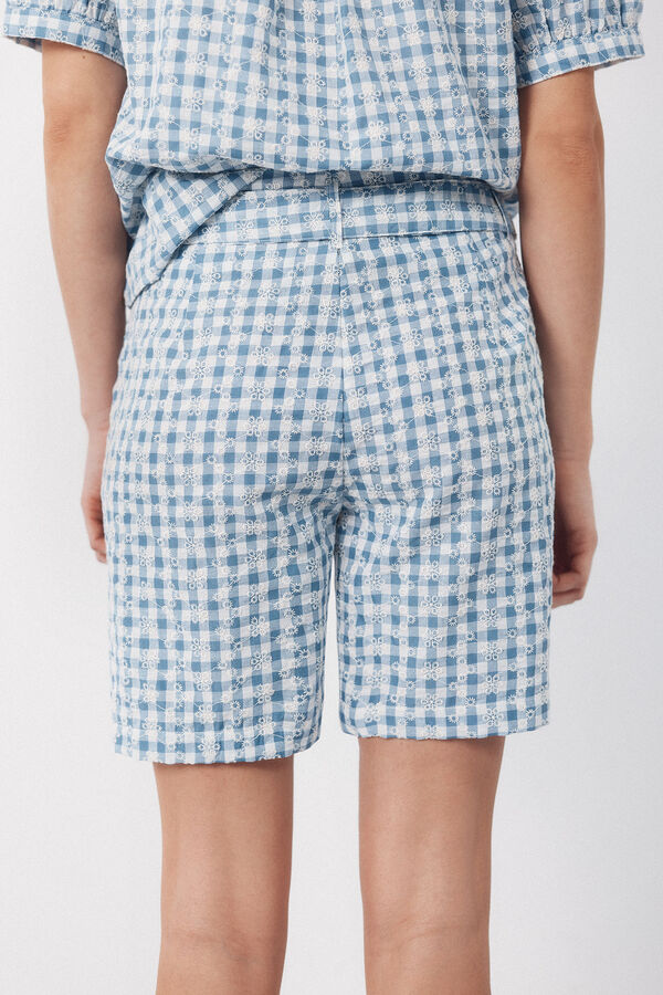 Cortefiel Embroidered gingham bermuda shorts Printed blue