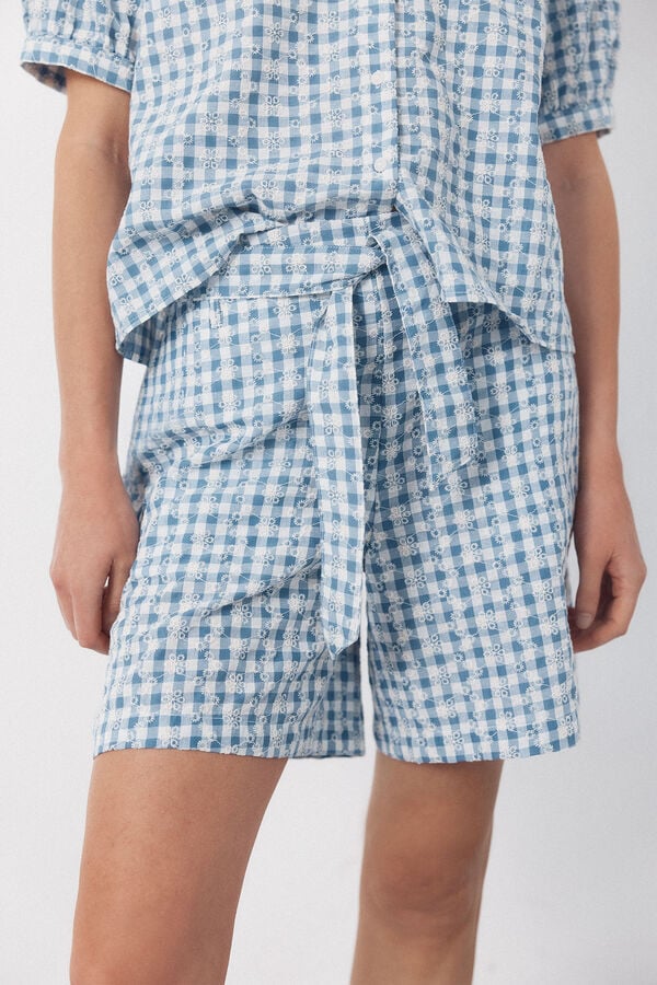 Cortefiel Embroidered gingham bermuda shorts Printed blue