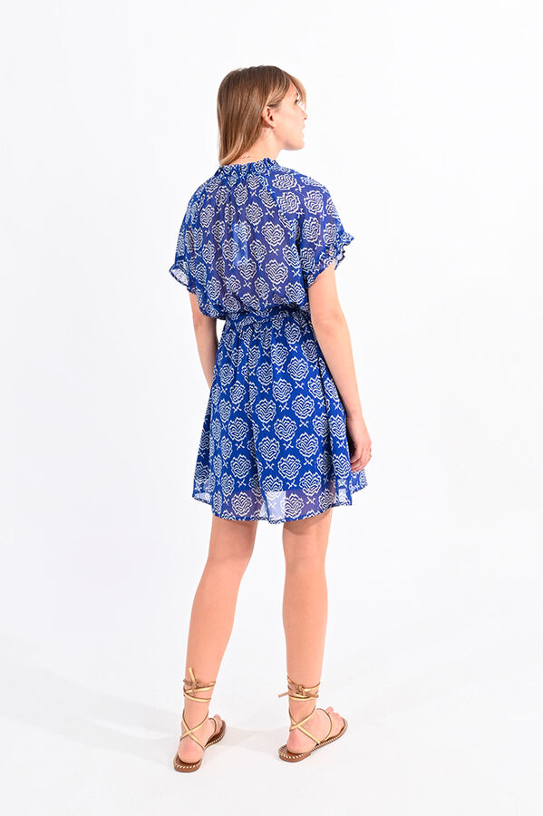 Cortefiel Printed short sleeve dress with ruffles and tie detail Blue