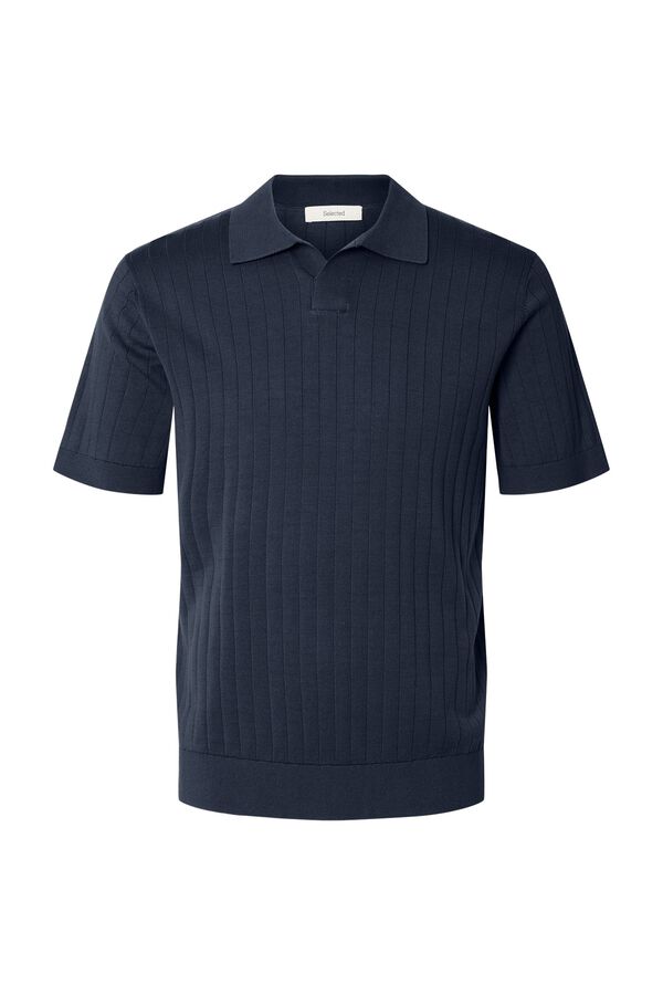 Selected Ribbed knit polo shirt Navy