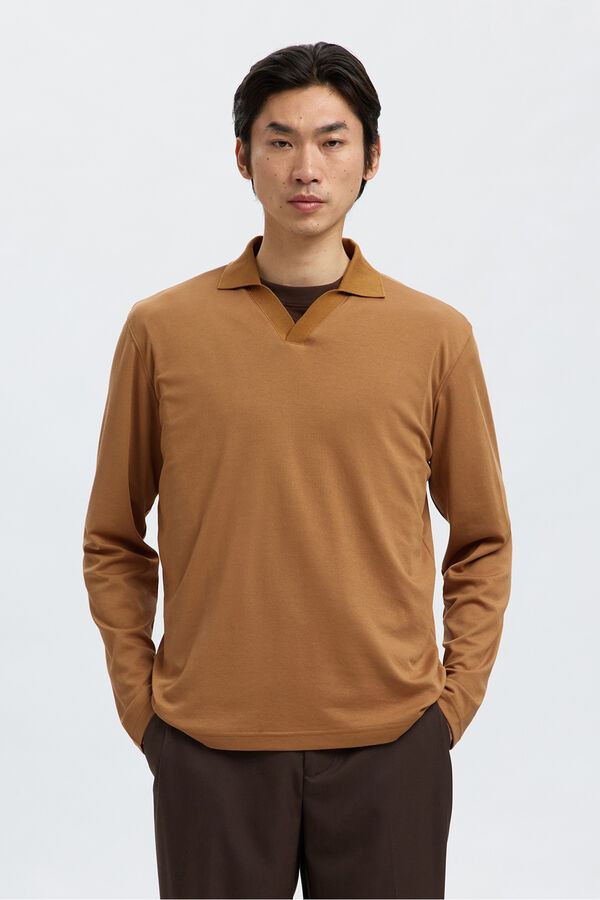 Selected Polo manga larga de algodón orgánico Marrón oscuro