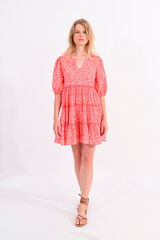 Cortefiel Printed dress with short puffed sleeves and ruffles Pink