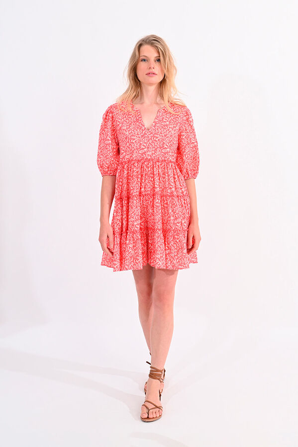 Cortefiel Printed dress with short puffed sleeves and ruffles Pink