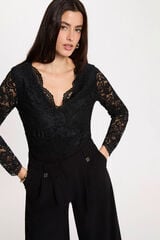 Morgan Body de renda com decote em bico Preto