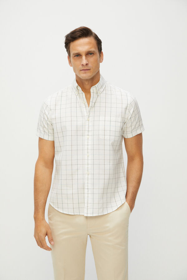 Cortefiel Camisa manga corta cuadros algod&oacute;n organico Marfil