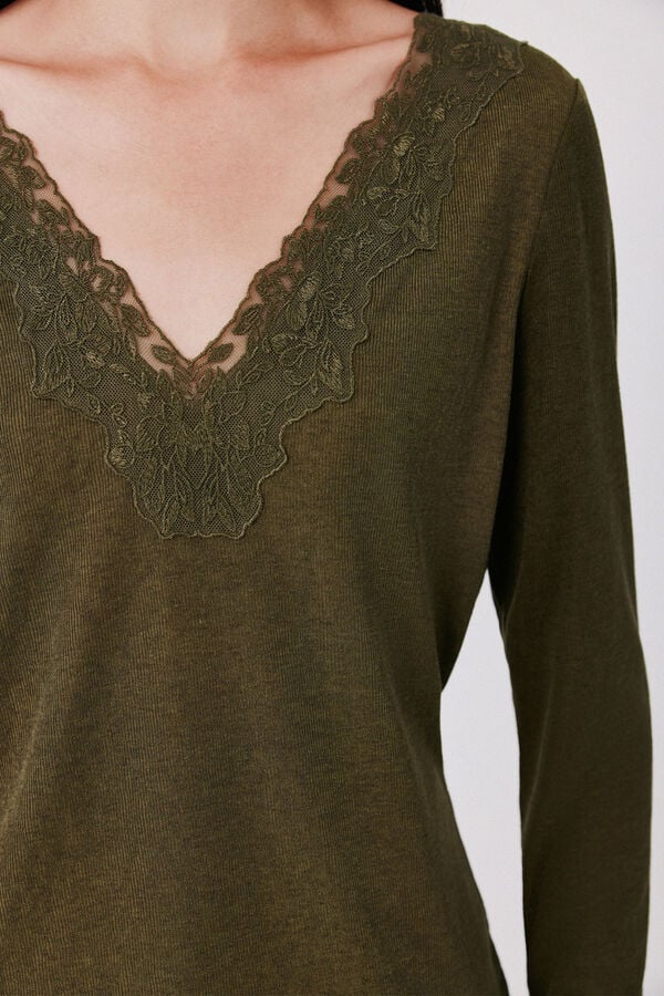 Cortefiel Lace neckline T-shirt Kaki