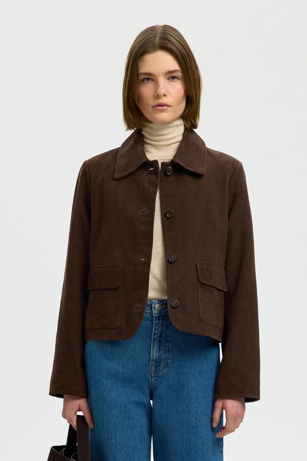 Selected Short suede jacket Dark brown