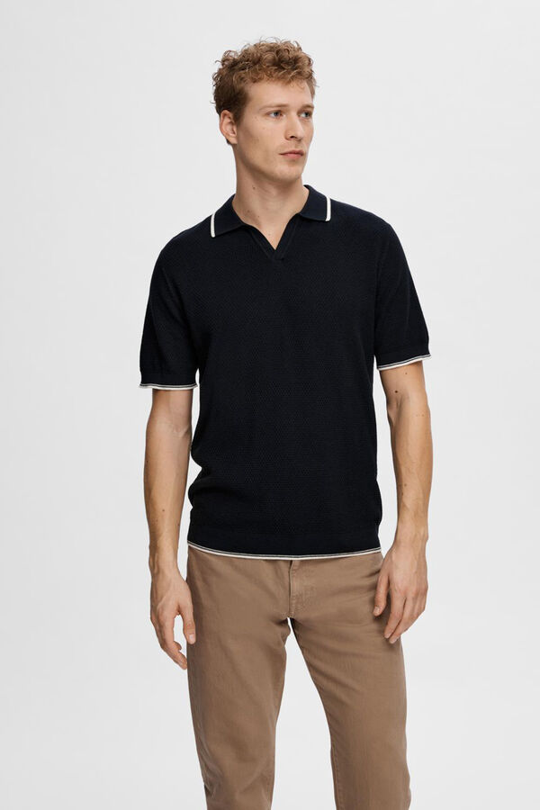 Cortefiel Short-sleeved polo shirt in textured 100% organic cotton jersey-knit Grey