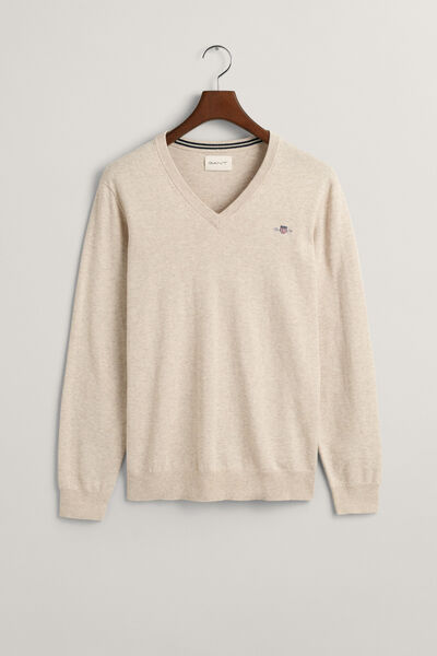 Cortefiel Classic Cotton V-Neck Sweater Beige