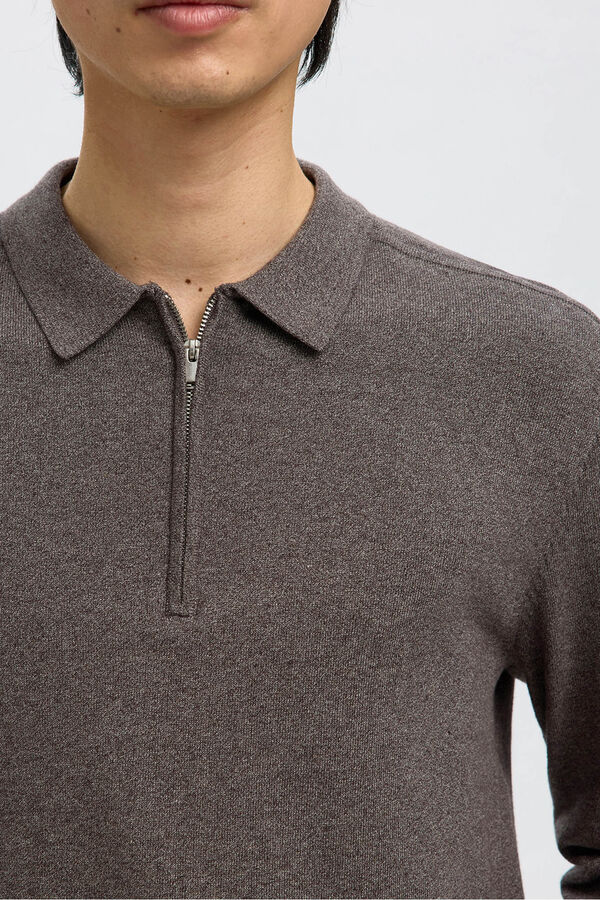 Selected Camisola polo 100% algodão com meia fecho-éclair . Cinzento