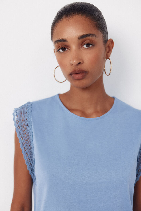Cortefiel Guipure sleeve -shirt Printed blue