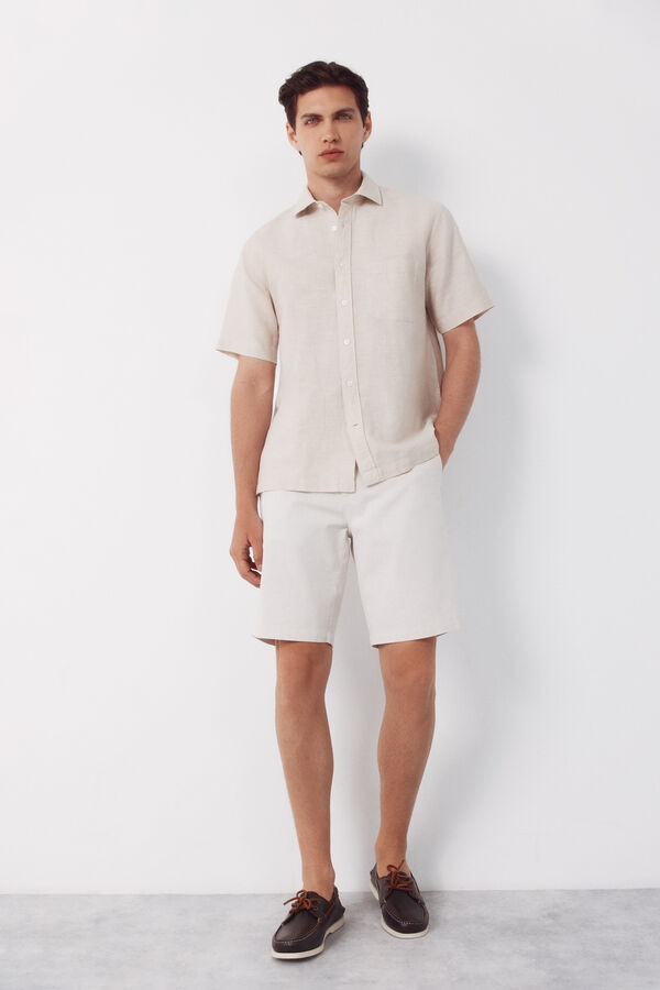 Cortefiel Plain cotton linen short sleeve shirt Beige