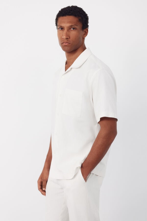 Cortefiel Plain short sleeve bowling collar shirt Ivory