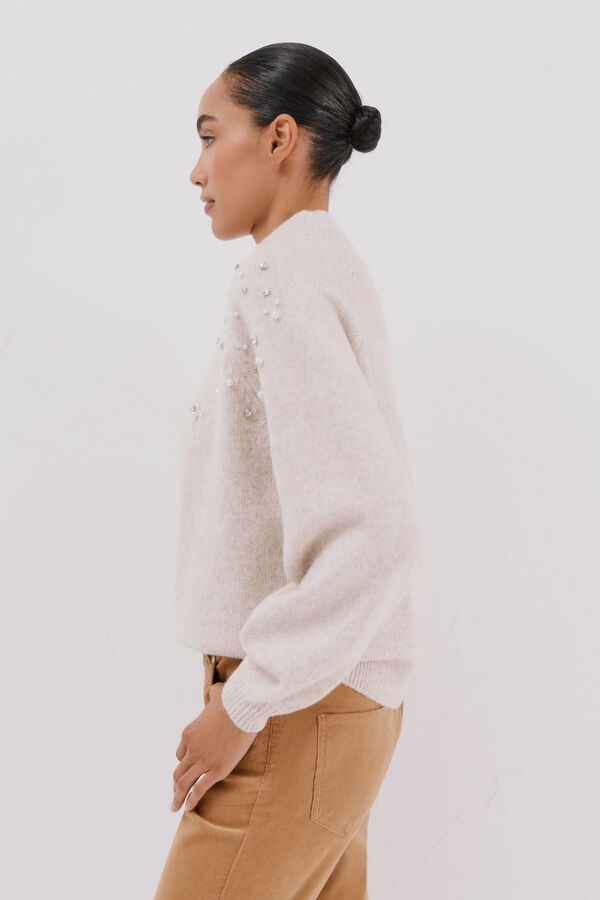 Cortefiel Jersey with rhinestones and pearls Ivory