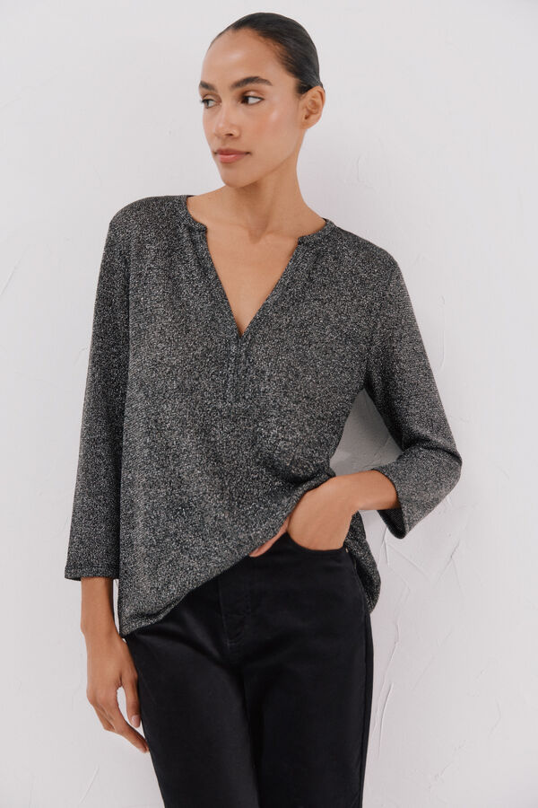 Cortefiel Lurex mandarin collar t-shirt Black