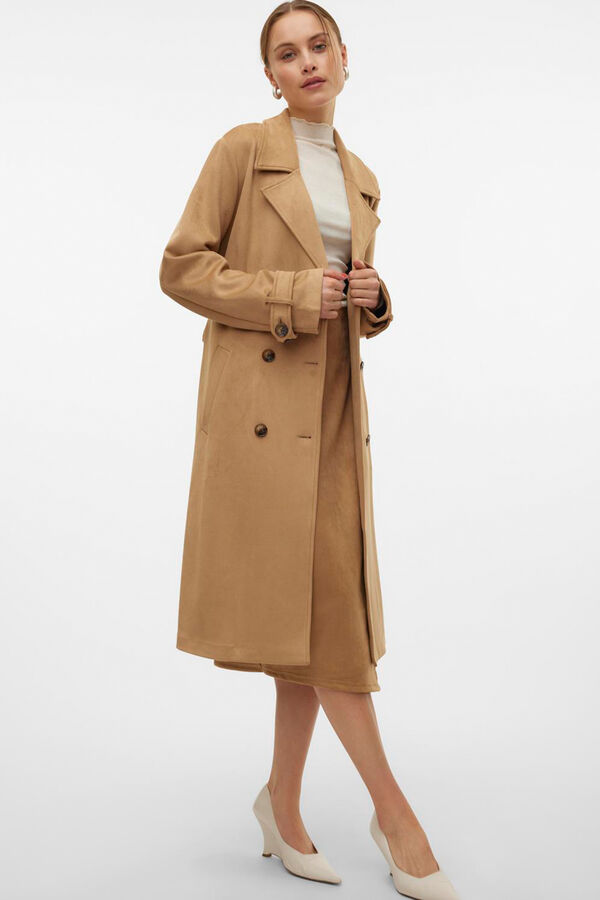 Faux Fur Beige Coat Suede Vero Moda Double Breasted Formal Trench