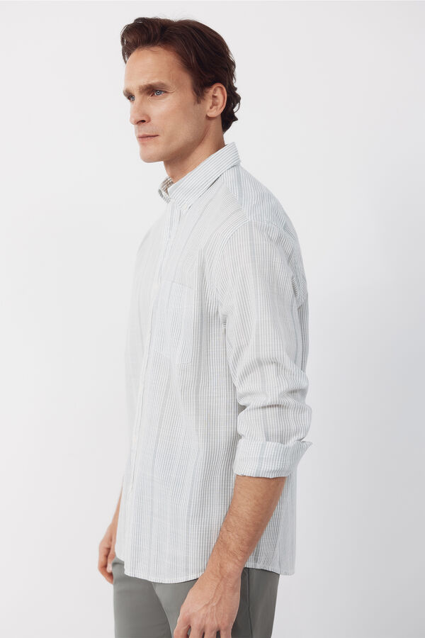 Cortefiel Striped cotton slub shirt Kaki