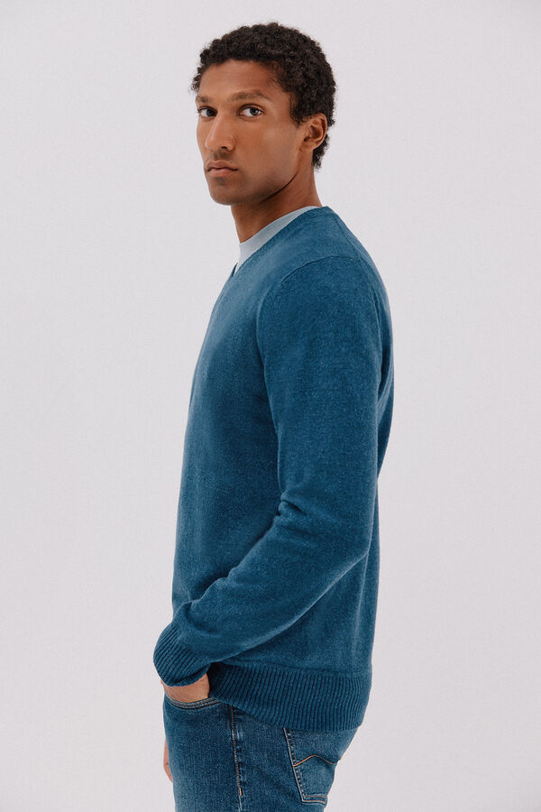 Cortefiel Lambswool round V wool sweater Blue