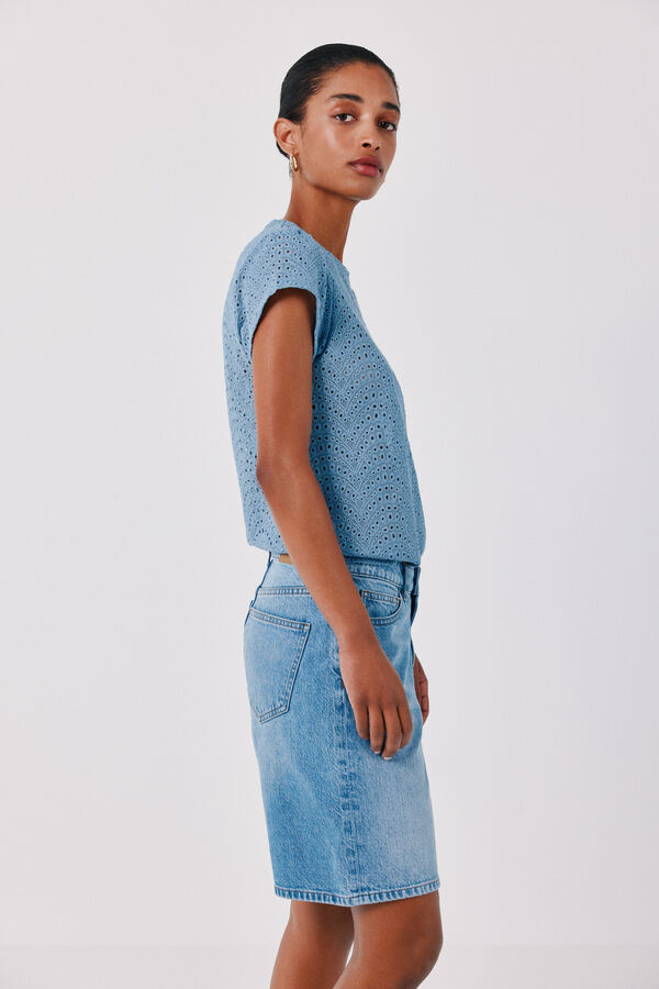 Cortefiel Camiseta de crochet bordado Azul