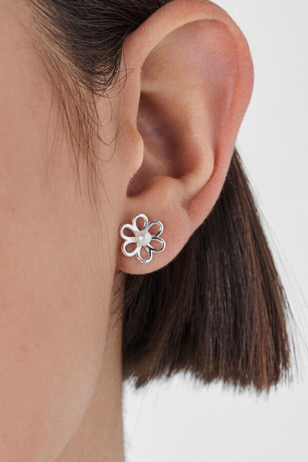 Cortefiel Silver and cultured pearl flower earrings Grey