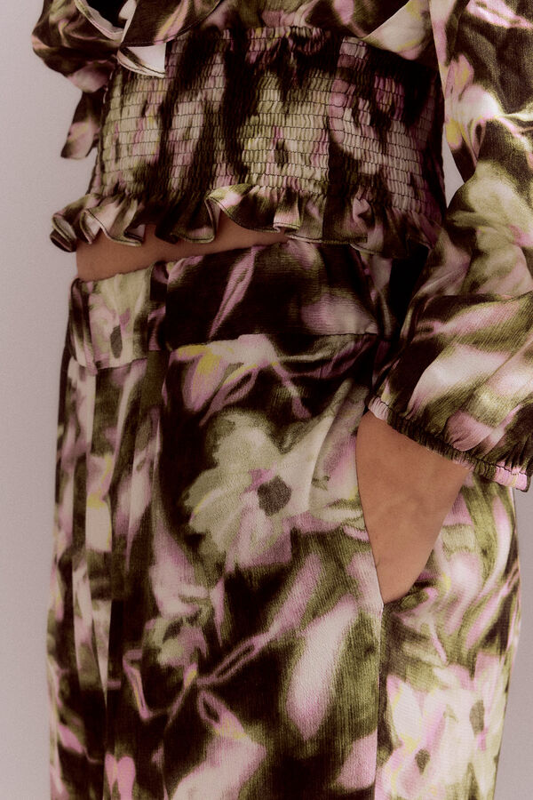 Cortefiel Long flowing trousers Printed green