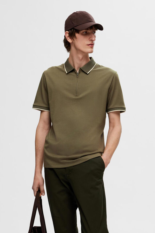 Selected Polo de manga curta com fecho-éclair de algodão orgânico. Verde