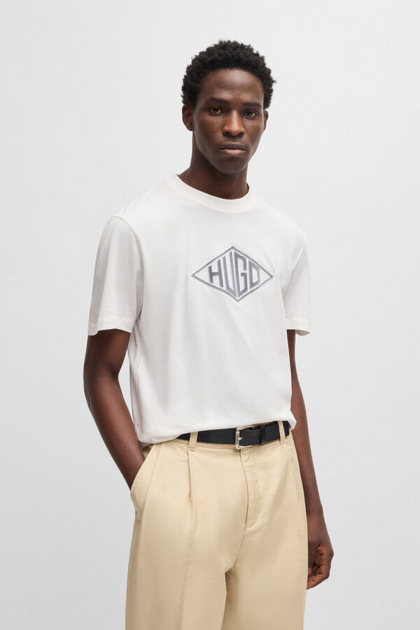 HUGO Camiseta de malha de algodão com bordado de logo geométrico Ecru