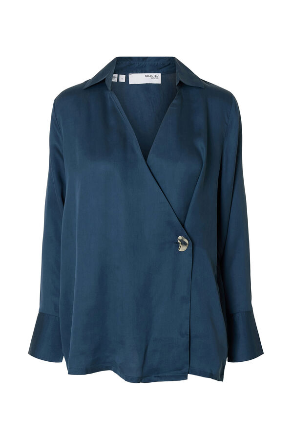 Selected Blusa cuello pico detalle metálico Azul marino