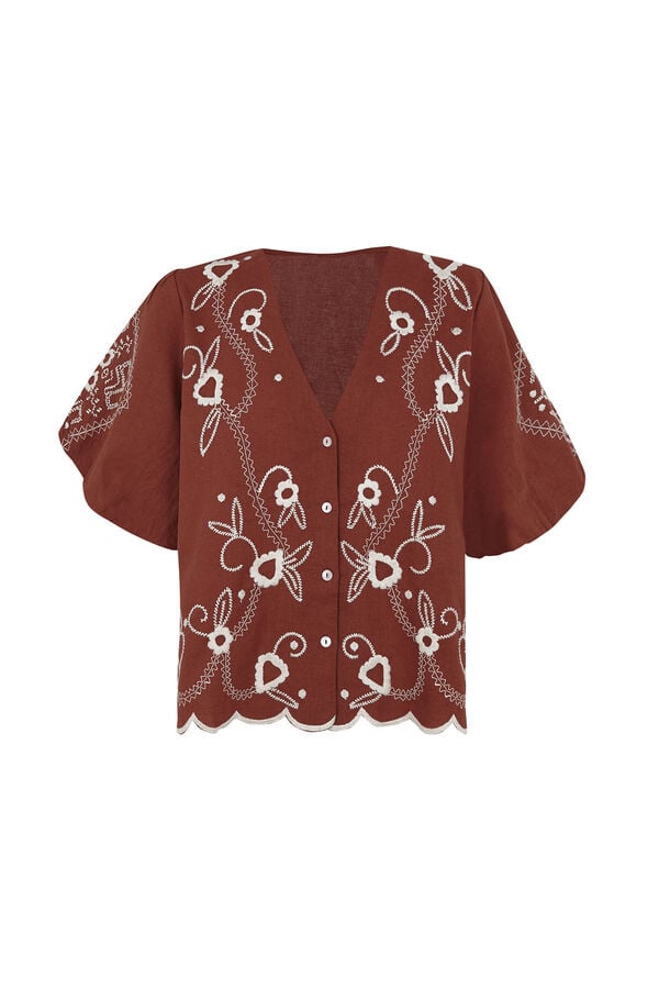 Slowlove Blusa bordado manga farol Brown