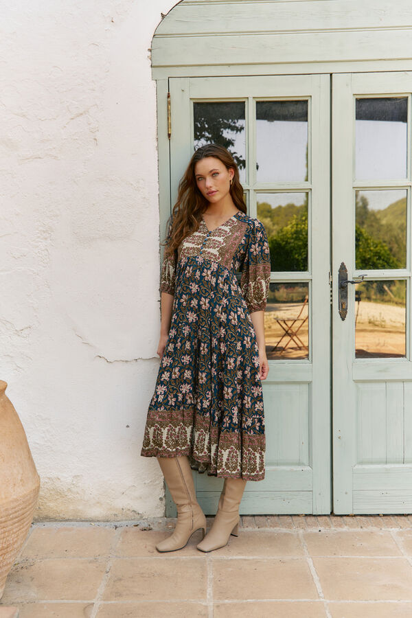 Jaase Vestido midi Eve estampado Nomade Preto