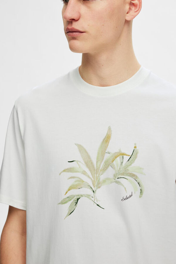 Cortefiel Camiseta de manga corta con dibujo floral confeccionada 100% con algodón orgánico. Blanco