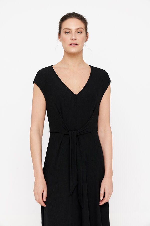 Cortefiel Pleated jersey-knit dress with knot detail Black