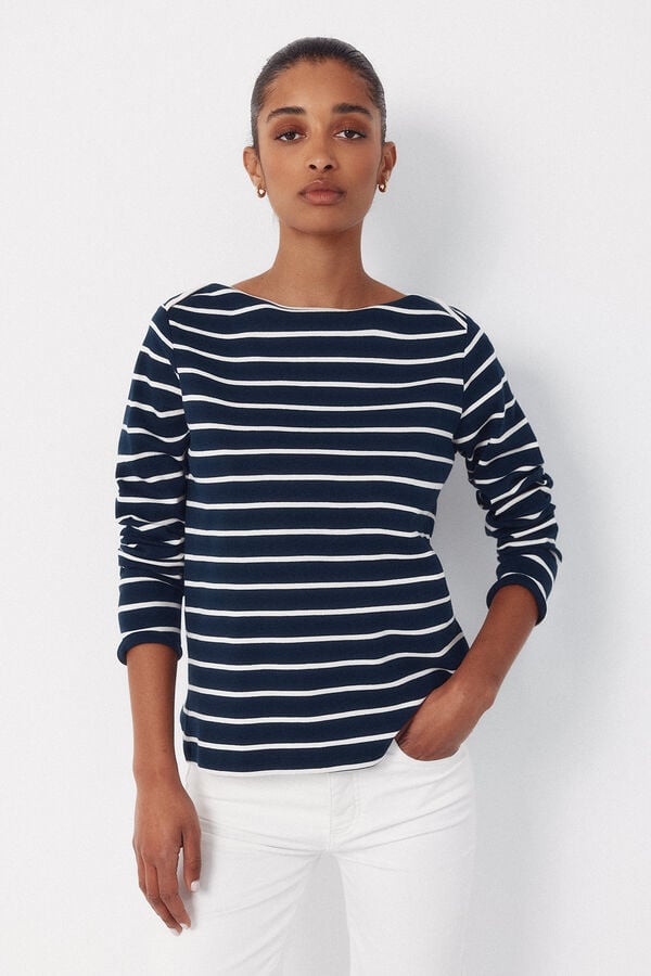 Cortefiel Contrast boat neck t-shirt Printed blue