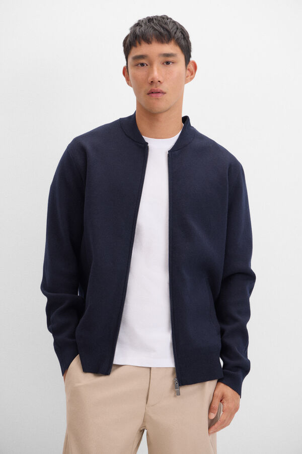 Cortefiel Cotton jersey-knit cardigan with zip fastening Navy