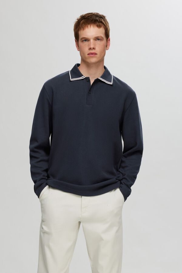 Selected Polo de manga comprida 100% algod&atilde;o org&acirc;nico Azul