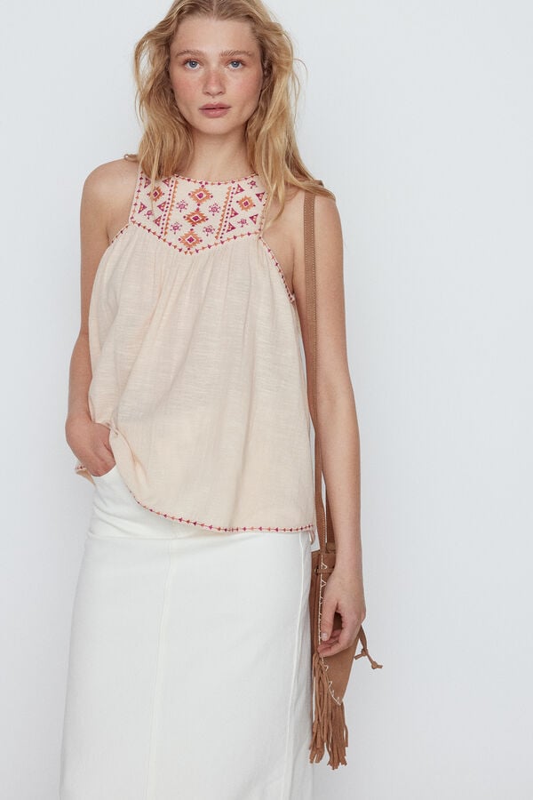 Cortefiel Top with embroidered yoke Nude