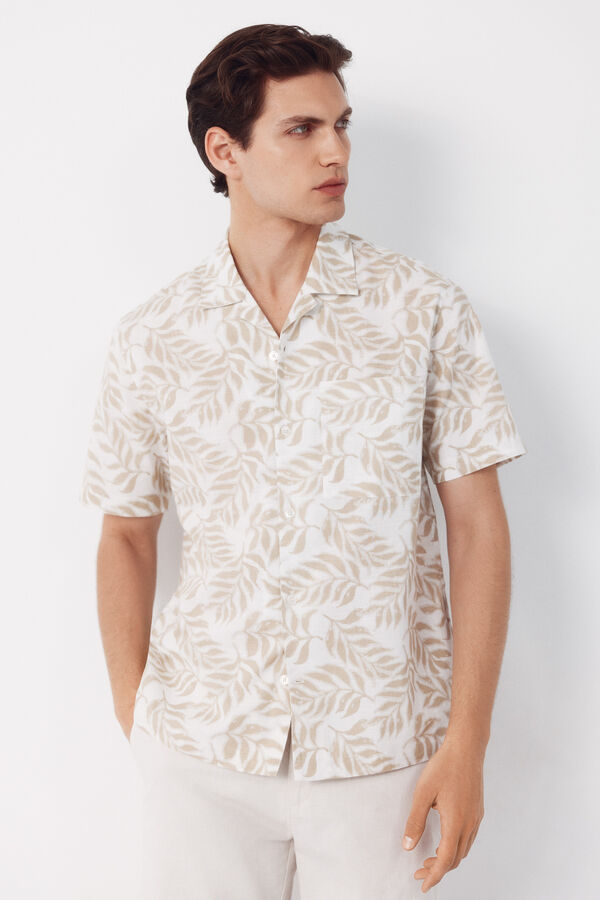 Cortefiel Printed short sleeve shirt Beige